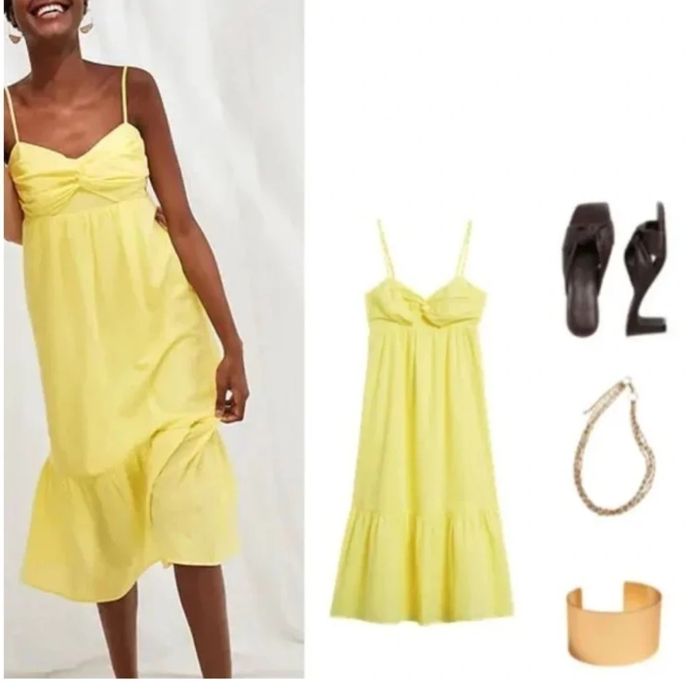 Banana Republic Linen Front Knot Midi Dress Pastel Butter Yellow Size 6 NWT